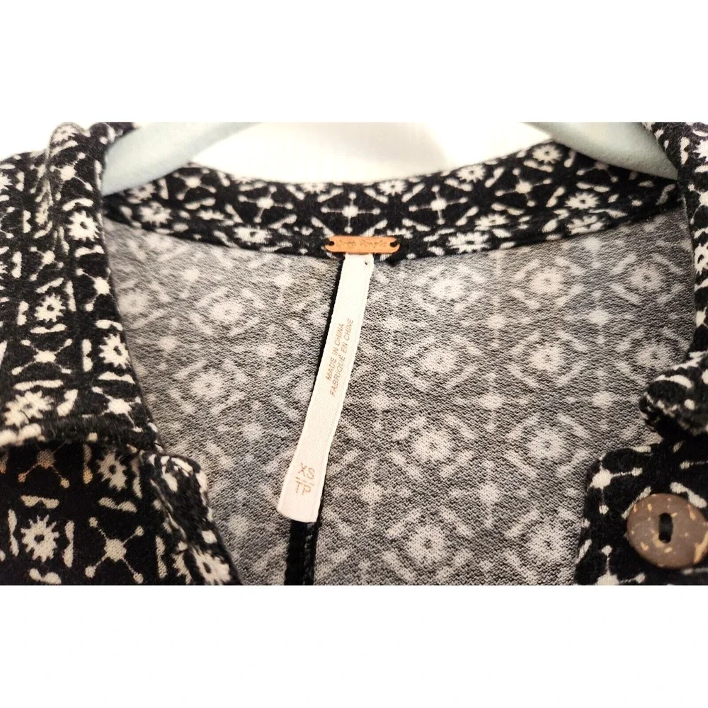 Free People Black & White Collared Button Up Ruched Dress Long Sleeve Sz XS